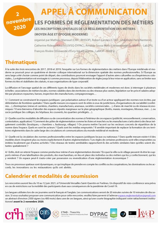 2/11/20 - Appel à communications - Journée d'études internationale "Les inscriptions spatiales de la réglementation des métiers"