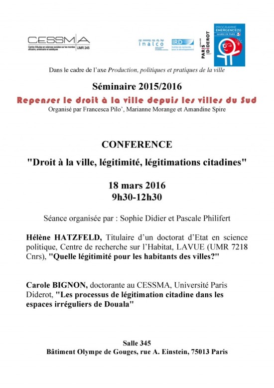 18/03/16 - Droit à la ville, légitimité, légitimations citadines